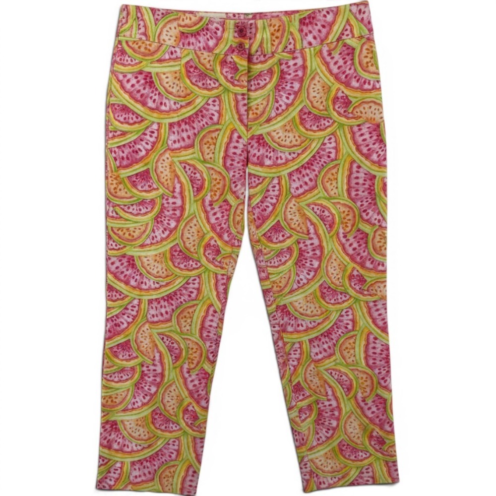 Talbots Watermelon Print Cropped Pants Womens 12 Pink Green Cotton Stretch USA